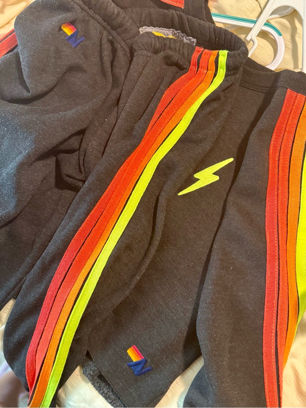 Aviator Nation Charcoal And Neon 4 Striped Set With Embroidered Neon Bolt.